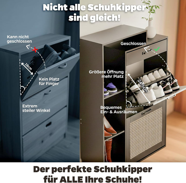 Schuhschrank schmal schwarz mit Schublade & Rattan-Dekor – eleganter Schuhkipper schwarz für Flur &