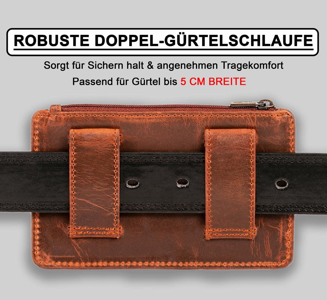 MATADOR Echt Leder Gürteltasche mit Klettverschluss und YKK Reissverschlussfach mit RFID Schutz für