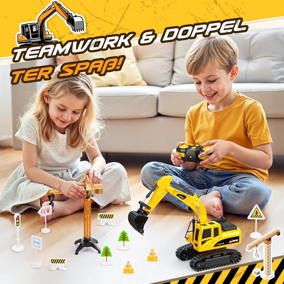 HappyGoLucky Ferngesteuertes Auto Bagger mit Verkehrsspielzeug Zubehör, 2.4Ghz RC Bagger Spielzeug a