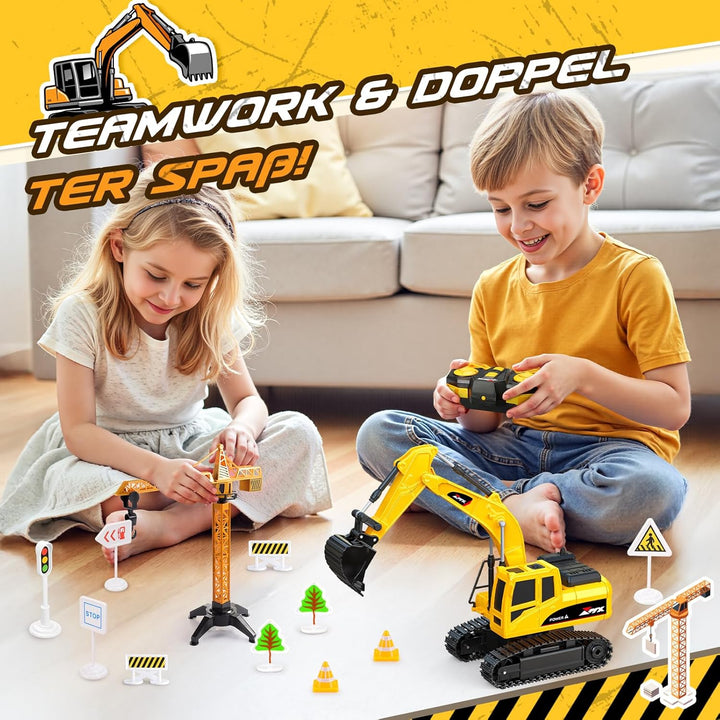 HappyGoLucky Ferngesteuertes Auto Bagger mit Verkehrsspielzeug Zubehör, 2.4Ghz RC Bagger Spielzeug a