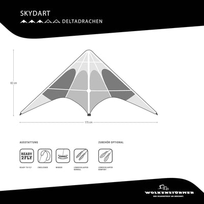 Wolkenstürmer Skydart Lenkdrachen mit Glasfaser-Gestänge, schwarz - Kite für Einsteiger und Fortgesc