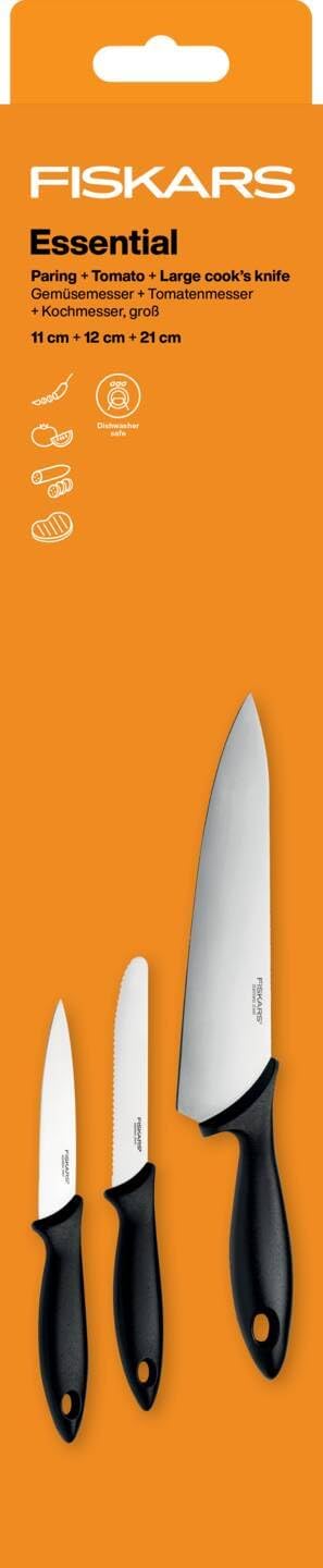 Fiskars Messer-Set (3-teilig), Kochmesser gross, Gemüsemesser, Tomatenmesser, Klingenlängen: 21 cm,