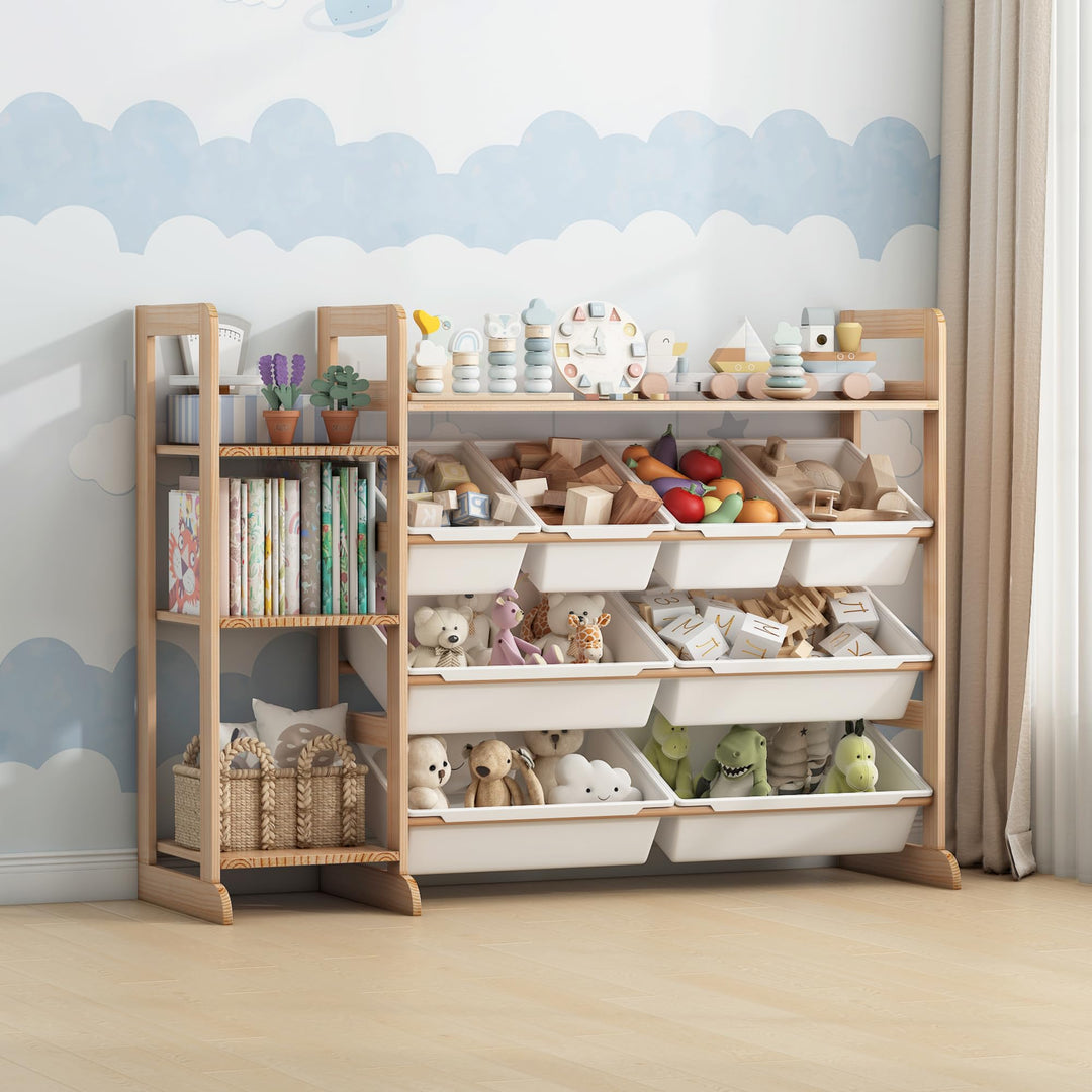 Spielzeug-Organizer mit 4 Regalen und 8 Behältern, Kinderschrank Holz Bücherregal für Kinder Aufbewa