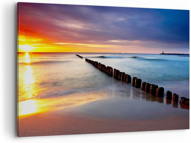 Bilder auf Leinwand 100x70cm Leinwandbild Meer Küste Strand Sonnenaufgang Gross Wanddeko Bild Schlaf