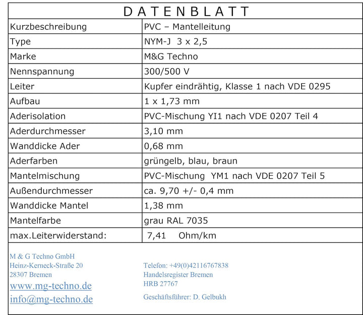 M&G Techno 90m NYM-J 3x2,5 mm² Mantelleitung Feuchtraumkabel Elektrokabel Kupfer Made in Germany 90m