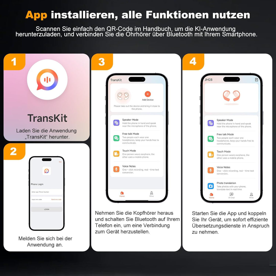KI Übersetzer Kopfhörer, 159 Sprachen Übersetzungskopfhörer mit Touchscreen & App, Bluetooth 6.0 In