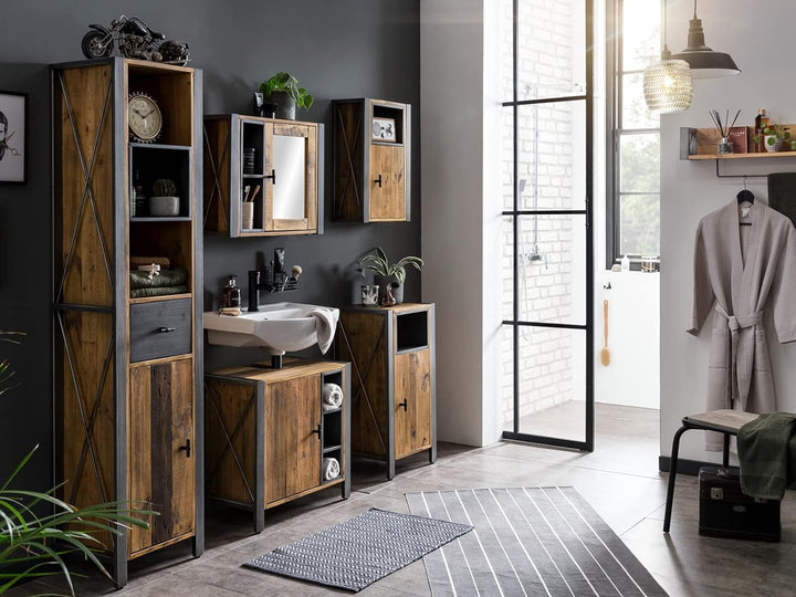 Woodkings® Spiegelschrank Detroit mit Ablage, recycelte Pinie mit Metall Rahmen grau, Wandspiegel In