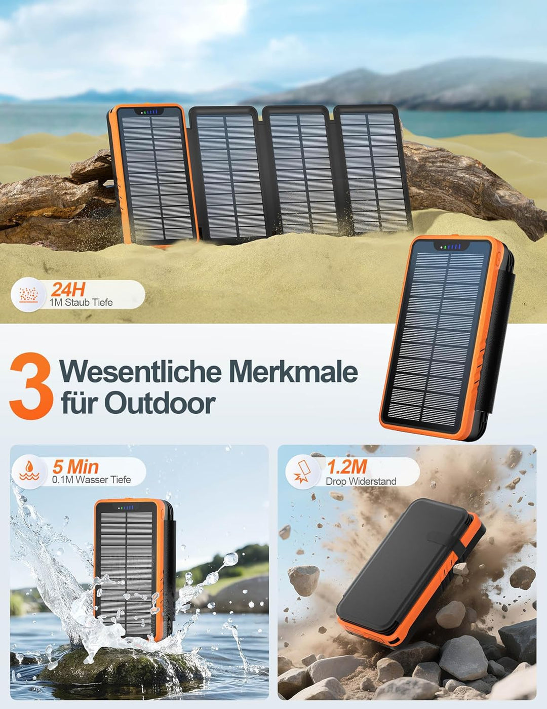 Solar Powerbank 26800mAh, elzle Solar Ladegerät mit 2 USB-Ausgangsport & 1 USB-Eingangsport, Outdoor