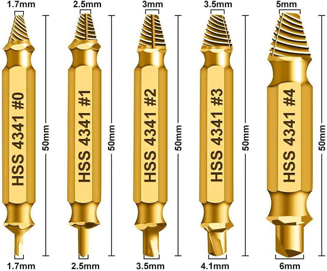 HSS 4341 Schraubenausdreher Set, 5-teilig, M3-M18, Beschädigte Schrauben Entferner, Linksdreher mit