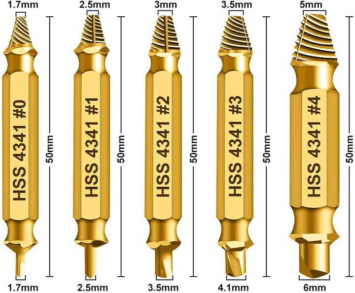 HSS 4341 Schraubenausdreher Set, 5-teilig, M3-M18, Beschädigte Schrauben Entferner, Linksdreher mit