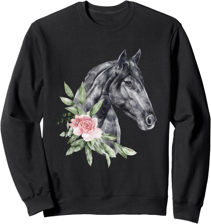 Pferd Geschenke Blumen Aquarell Blumen Schwarz Sweatshirt