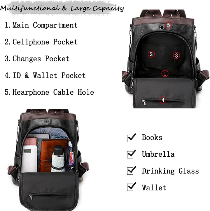 JSNOM Damen Rucksack Leder Casual Anti-Diebstahl: Rucksack Damen Kleine Elegante Wasserdichte Daypac