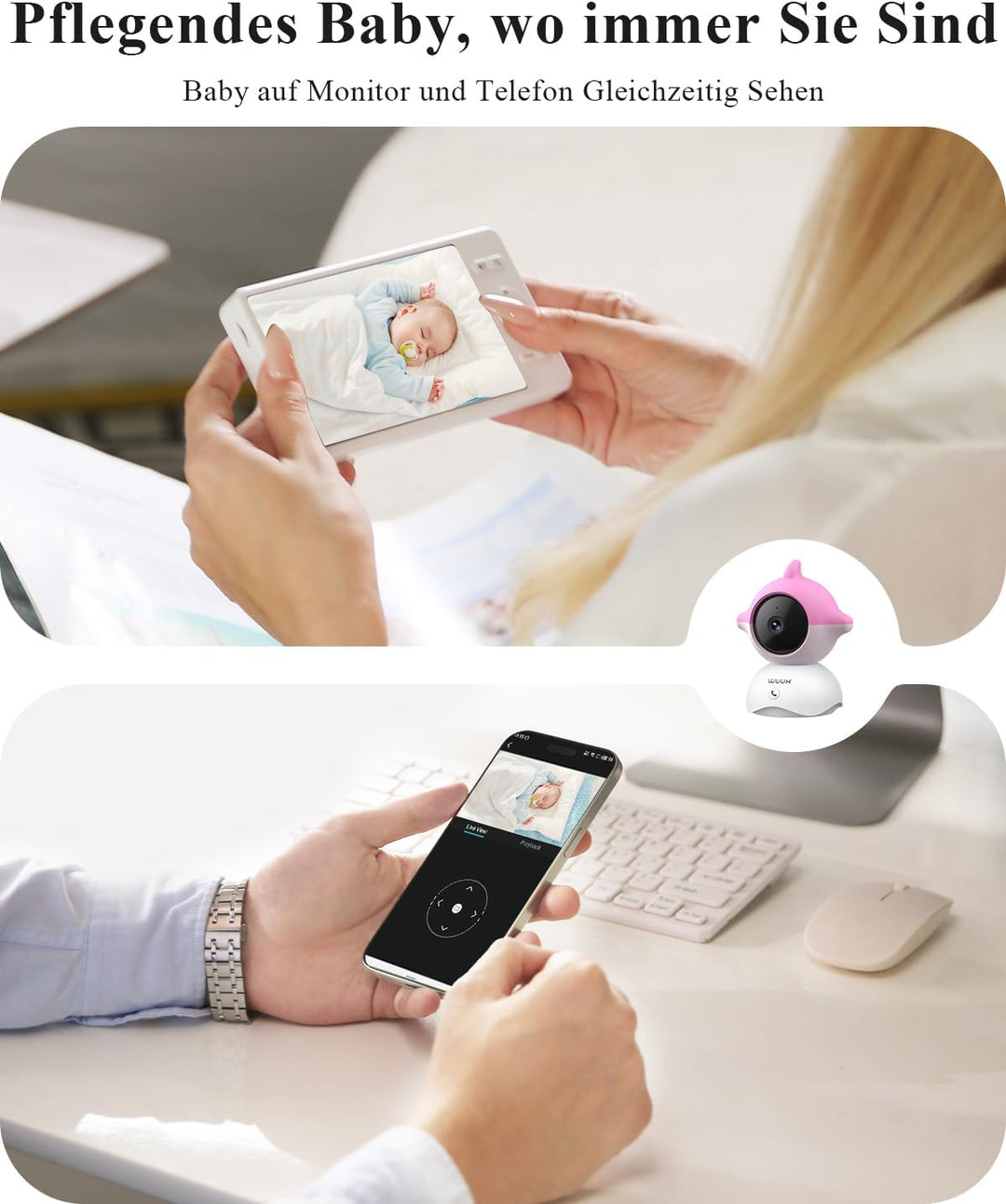 WUUK 2K Babyphone mit 2 Kameras und App, 5.5 Zoll Display mit 360° PTZ Baby Monitor, 10X Zoom, 305m