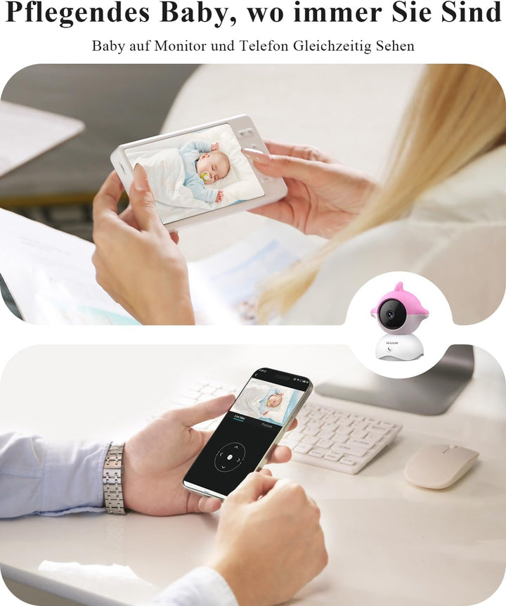 WUUK 2K Babyphone mit 2 Kameras und App, 5.5 Zoll Display mit 360° PTZ Baby Monitor, 10X Zoom, 305m