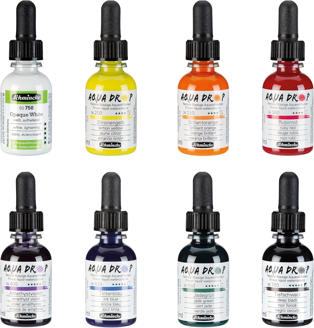Schmincke - AQUA DROP, flüssige, hochlichtechte Aquarellfarbe, 8 x 30 ml Farben, 78 703 097, Set für