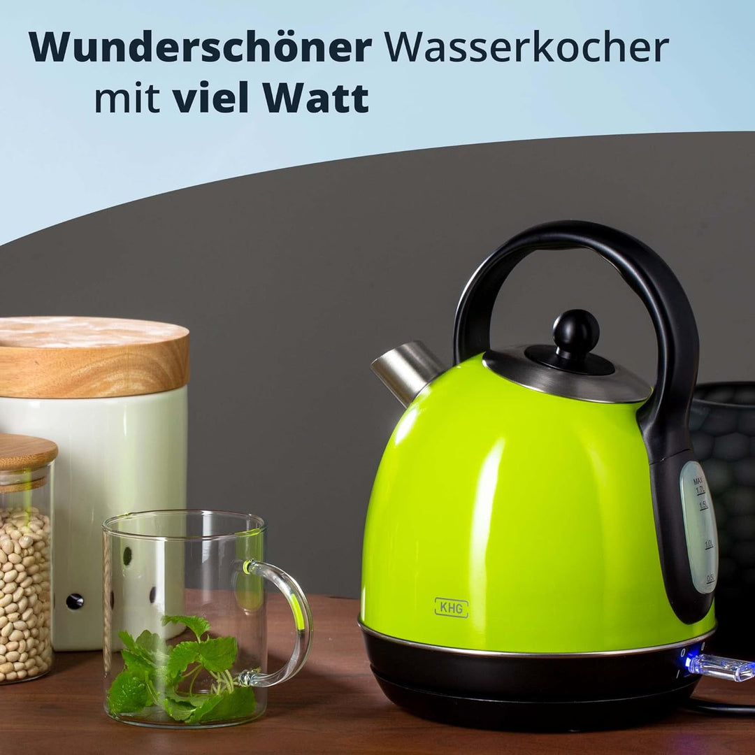 KHG Kessel-Wasserkocher WK-1711 Retro in grün aus Edelstahl, 1,7 Liter, abwaschbarer Kalkfilter, Was