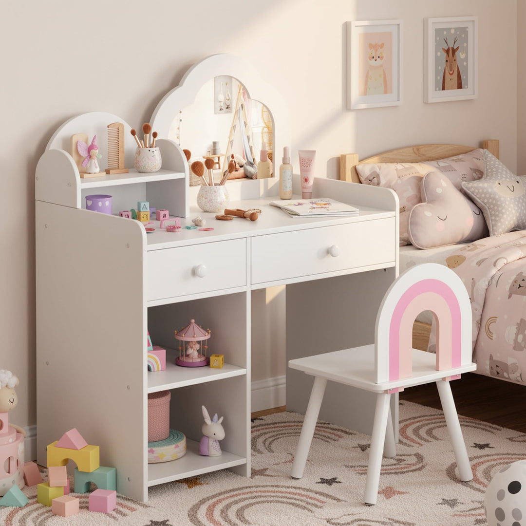 Clevich Schminktisch Kinder Set, 2 in 1 Kinderschminktisch mit Spiegel, 2 Schubladen, Schliessfächer