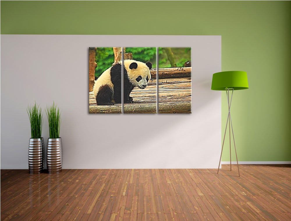 niedlicher junger Panda auf Holzstämmen NewArt 3-Teiler Leinwandbild 120x80 Bild auf Leinwand, XXL r