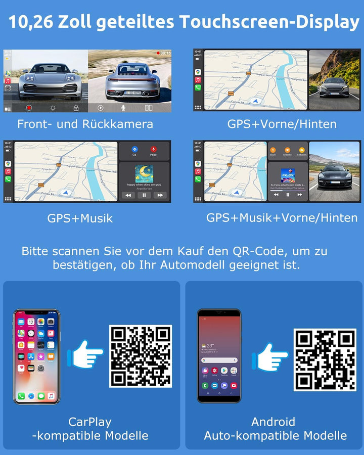 ESSGOO A-pple CarPlay & Android Auto,10.26 Zoll IPS Carplay Display,mit 4K-Dashcam,1080P-Rückfahrkam