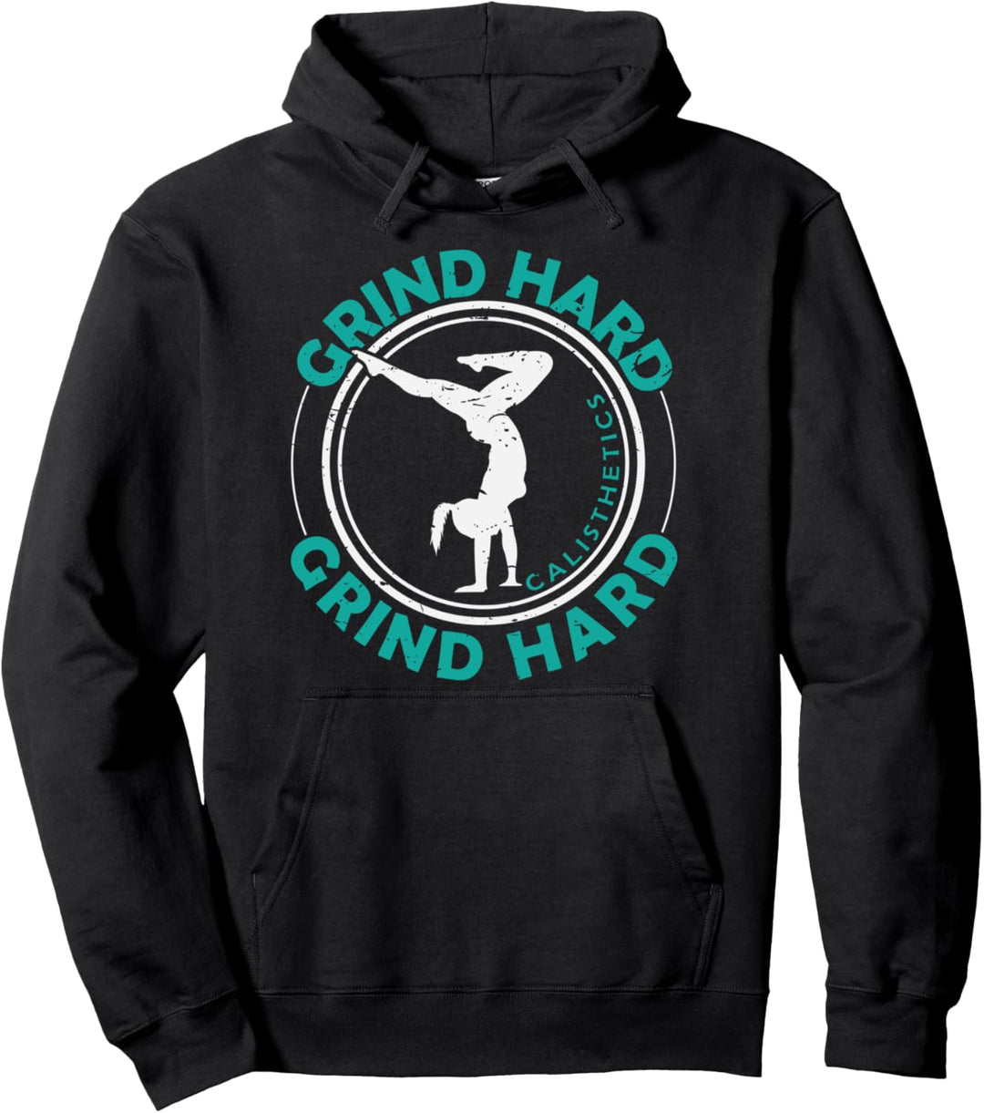 Calisthenics Frau macht den Handstand "Grind Hard" Pullover Hoodie