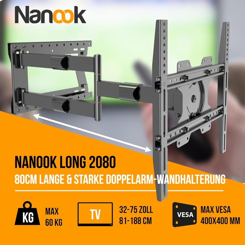 Nanook 2080 Langarm-TV-Wandhalterung für 32-75 Zoll Fernseher, Extra Langer Auszug bis zu 80 cm, Sta