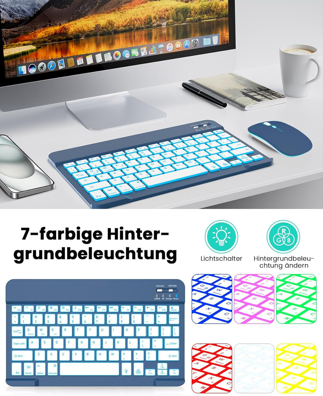 SOPPY Tastatur mit Maus kabellose Bluetooth Tastaturen mit 7-Farbiger Hintergrundbeleuchtung, Ultra