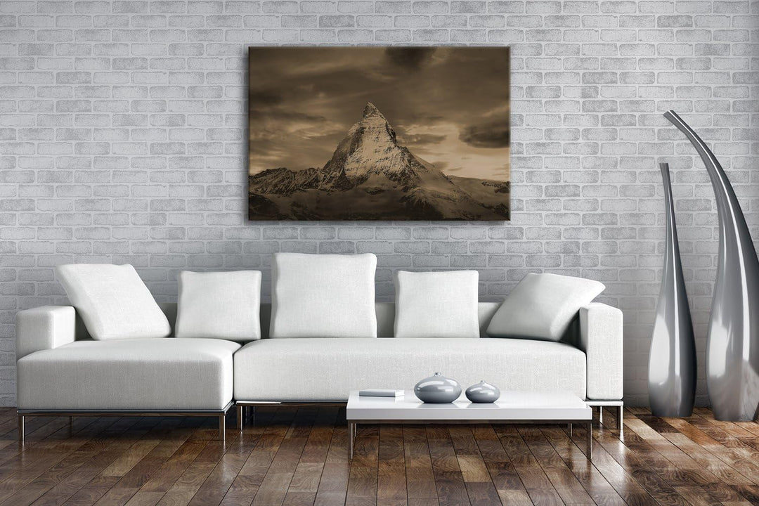 Matterhorn in der Schweiz Format: 100x70 Effekt: Sepia als Leinwandbild, Motiv fertig gerahmt auf Ec