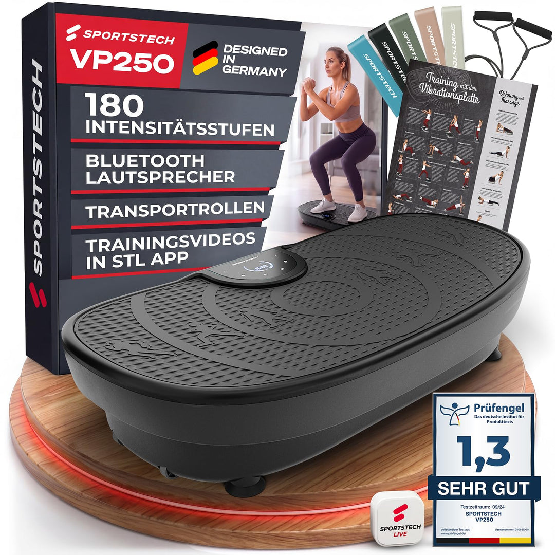 Sportstech Vibrationsplatte VP250 im edlen Curved Slim Design | Fettverbrennung &amp; Muskelaufbau | lei