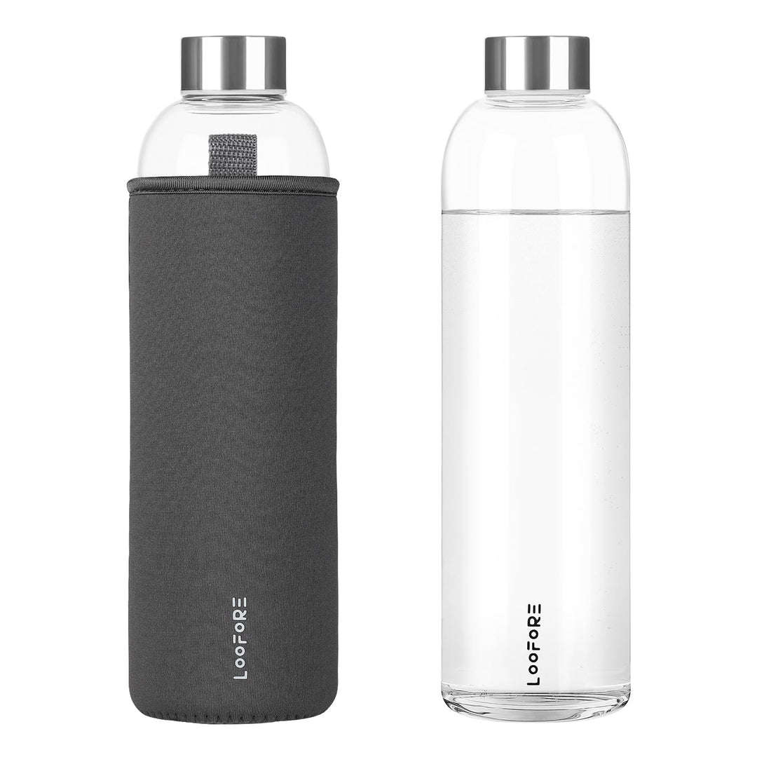 Glasflasche 1 liter / 1l, Wasserflasche Glas 1000ml inkl. Neoprenhülle, BPA freie, Trinkflasche Spül