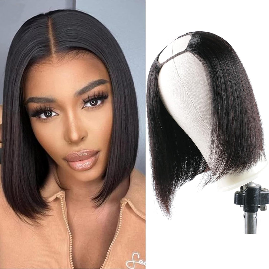Huairisi 10 Inch Straight Bob Wigs for Women None Lace, Short Straight U Part Wig Bob Human Hair, Sh