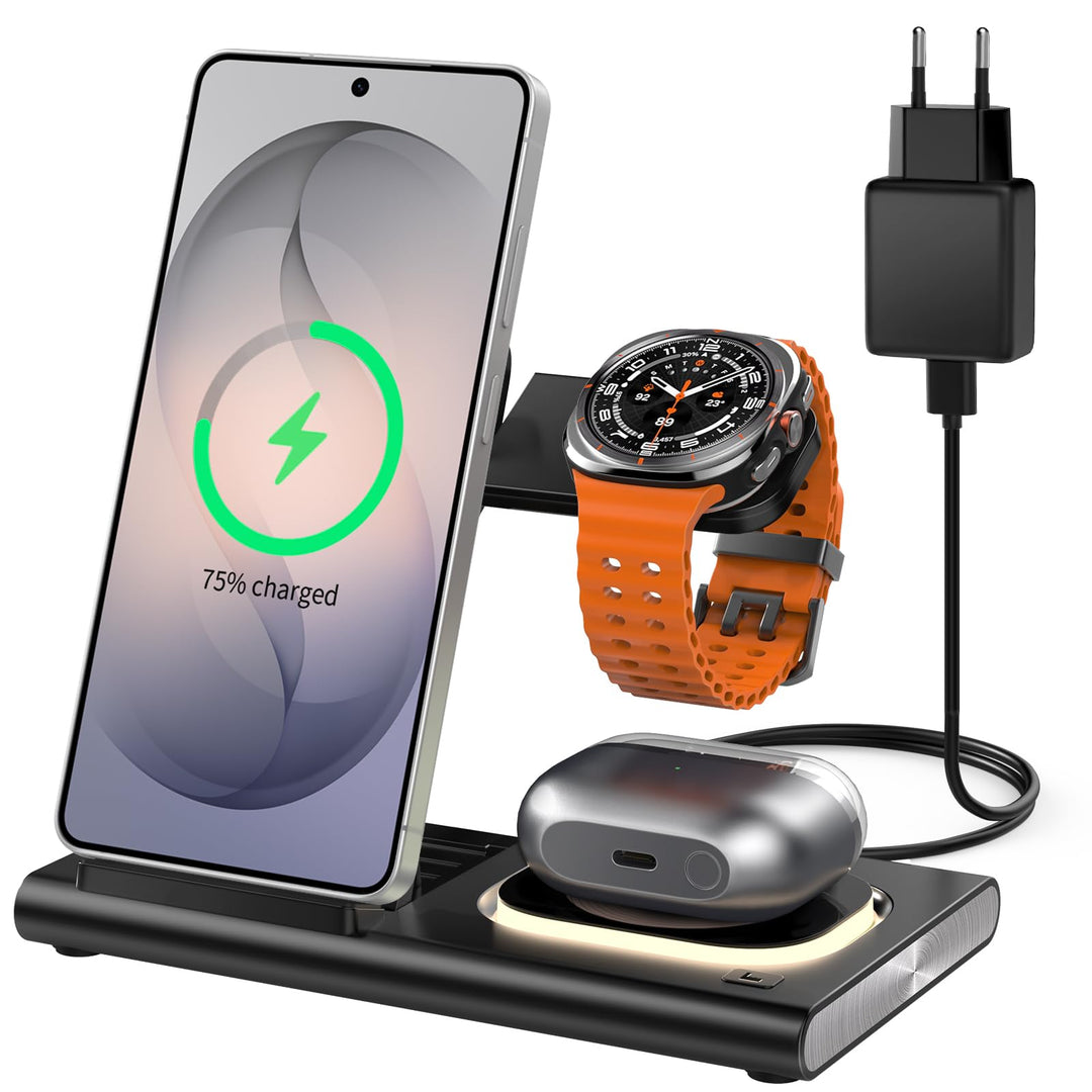 3 in 1 Ladestation für Samsung[Faltbar & Nachtlicht], Induktive Ladestation für Samsung S26/S25/S24/