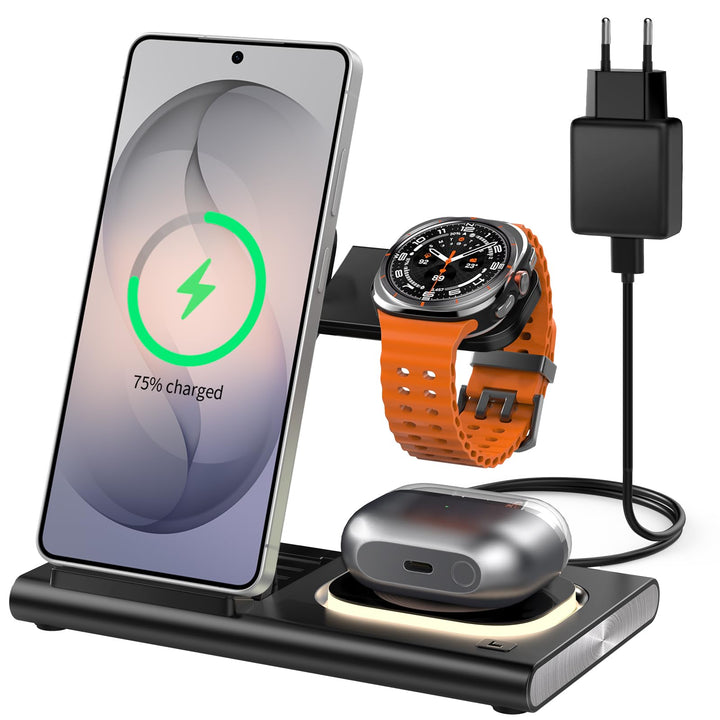 3 in 1 Ladestation für Samsung[Faltbar & Nachtlicht], Induktive Ladestation für Samsung S26/S25/S24/