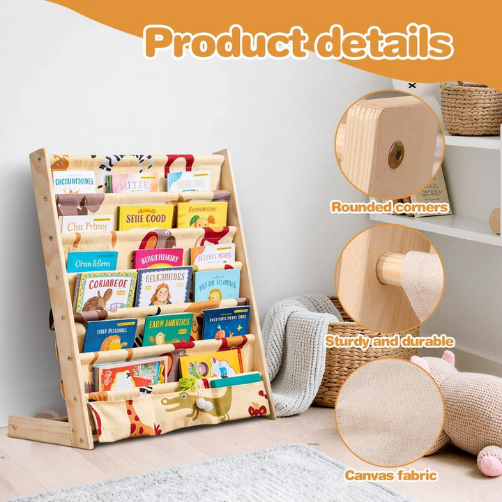 Kinder Bücherregal, 75x 30 x 79 cm Montessori Bücherregal mit 6 Ebenen und Stofffächern, Offenes Kin