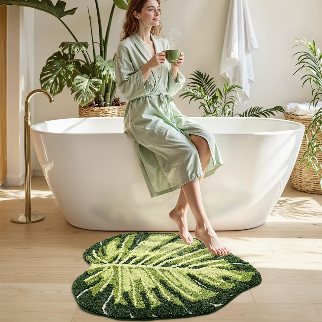 DEXI Badezimmerteppich 80 x 120 cm, Badematte rutschfest Absorbierende mit Monstera Pflanzenmuster,