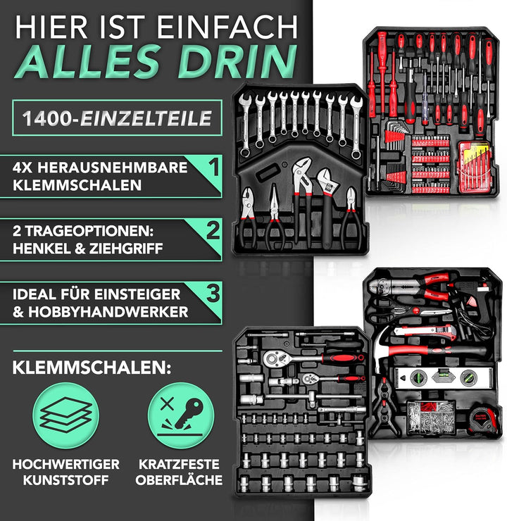 TRESKO Werkzeugkoffer 1400 teilig | Werkzeugkasten gefüllt | Werkzeugkiste Profi | Werkzeugtasche |