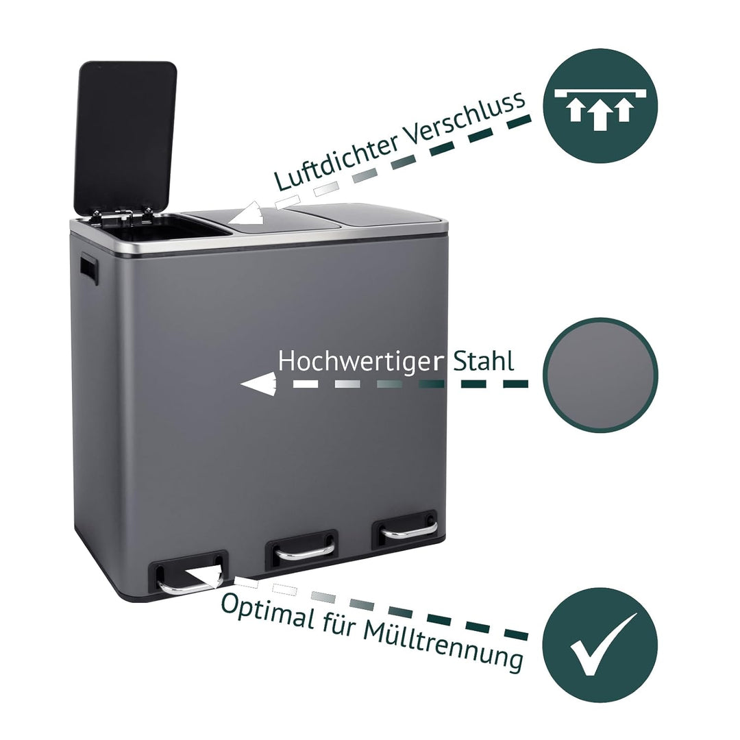 SVITA TM3X18 Mülleimer Papierkorb 54L Treteimer Abfalleimer Recycling pulverbeschichteter Stahl