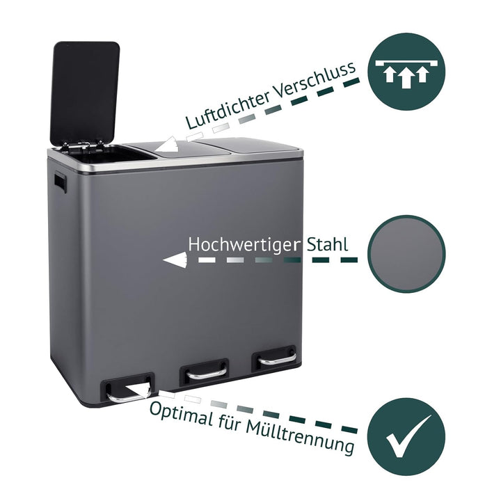 SVITA TM3X18 Mülleimer Papierkorb 54L Treteimer Abfalleimer Recycling pulverbeschichteter Stahl