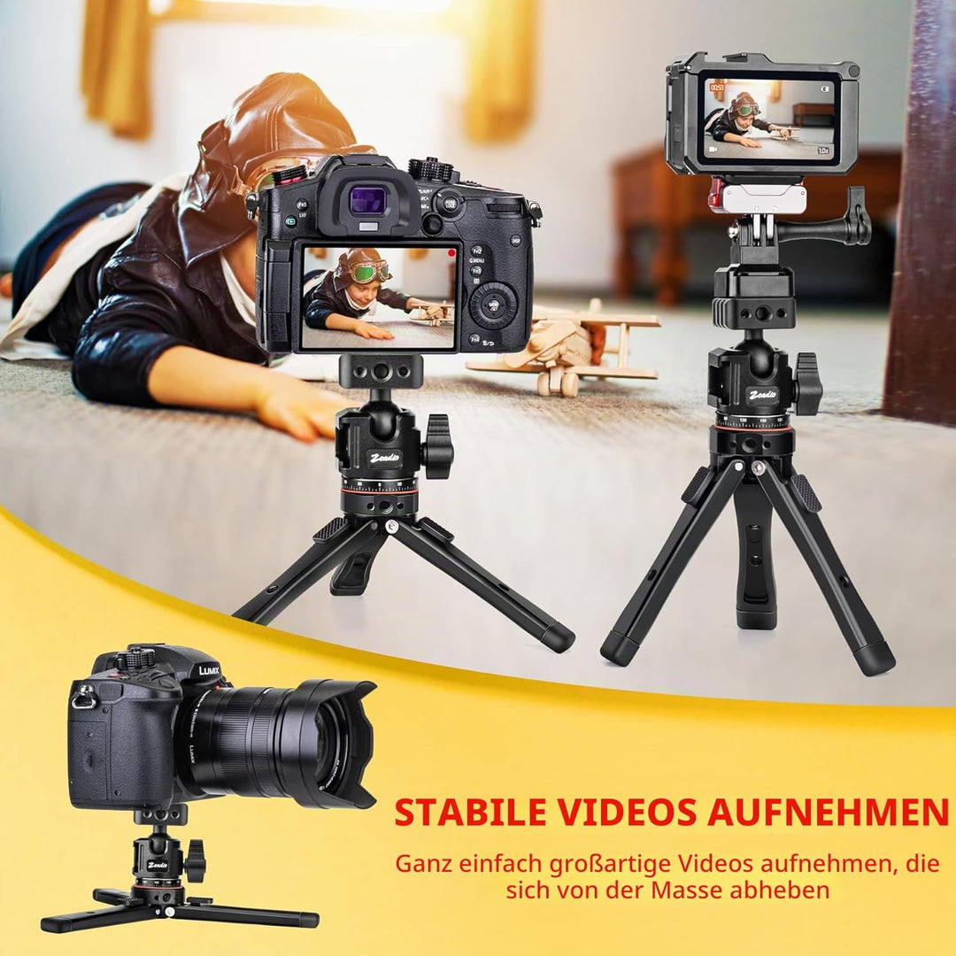 Zeadio Robustes Stativ-Set, 1/4" Adapter Stativgewinde, mit Handyhalter und Action-Cam-Adapter für i