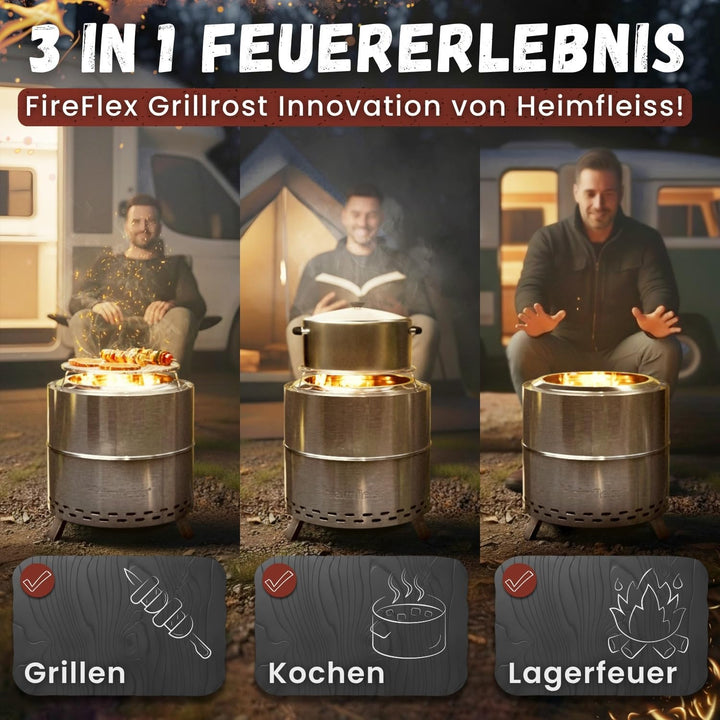 Heimfleiss® Rauchfreie Feuerschale Edelstahl Ø50cm | Feuerkorb mit Grillrost | Feuerschale Rauchfrei