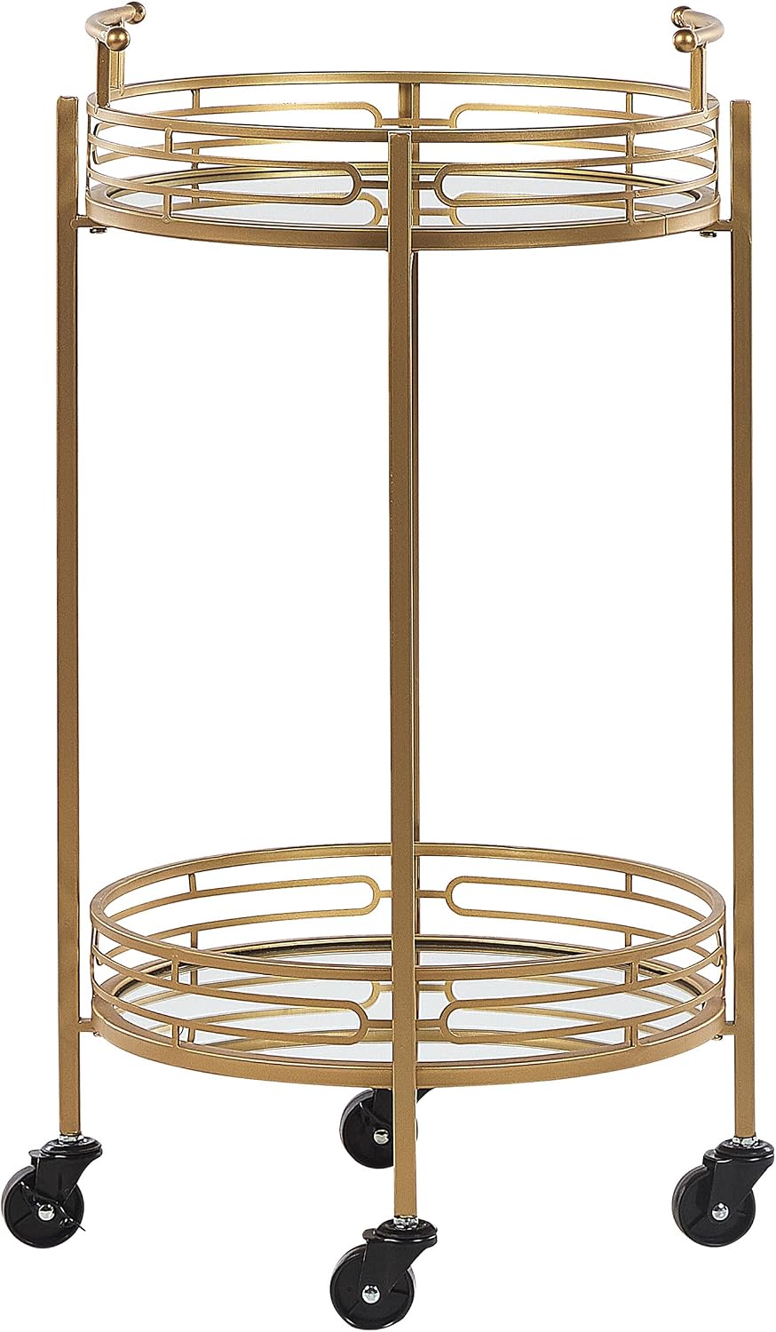 Beliani Servierwagen Eisen Gold Glasplatte Spiegeleffekt rund 4 Rollen 2 Griffe Farley