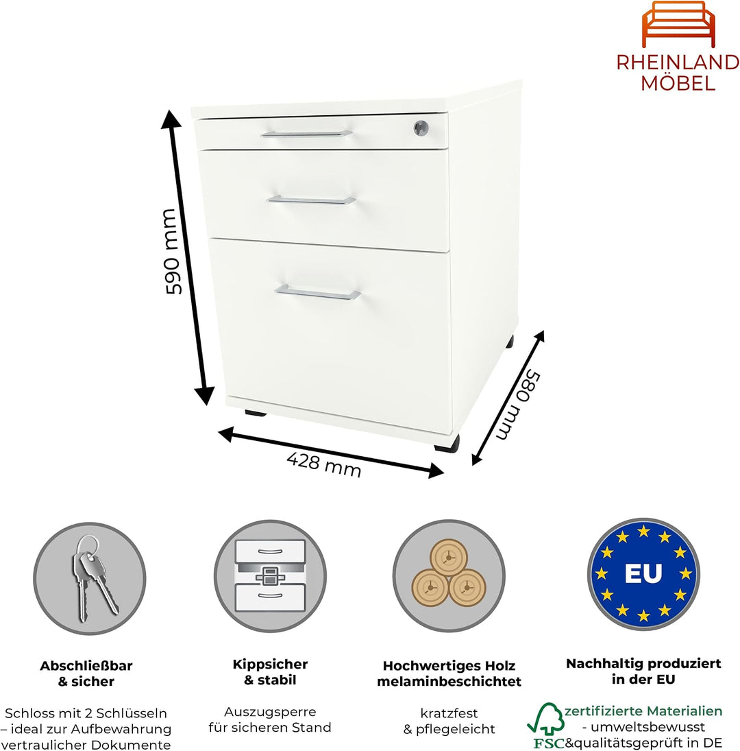 Rollcontainer CADI 43×58×59 cm – abschliessbarer Bürocontainer in Weiss mit Orga-, Universal- und Hä