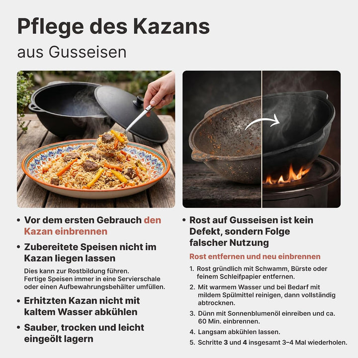 4BIG.fun Kazan aus Gusseisen 22 L mit Schaumkelle NAMANGAN Kasan Uzbekisch mit Deckel Cast Iron KESS