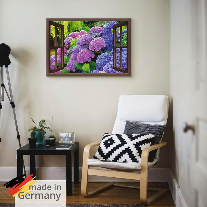 ARTland Leinwandbilder Wandbild Bild auf Leinwand 70x50 cm Fensterblick Hortensien im Garten T5QA Ho