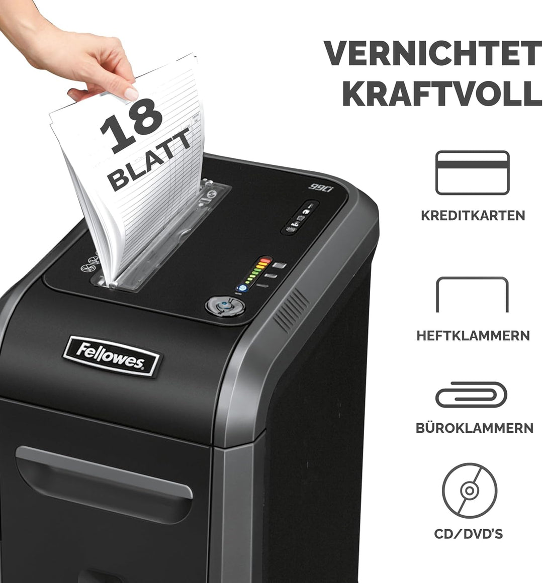 Fellowes 18 Blatt Aktenvernichter, Partikelschnitt (P4) Papierschredder für Büro, Powershred 99Ci, S