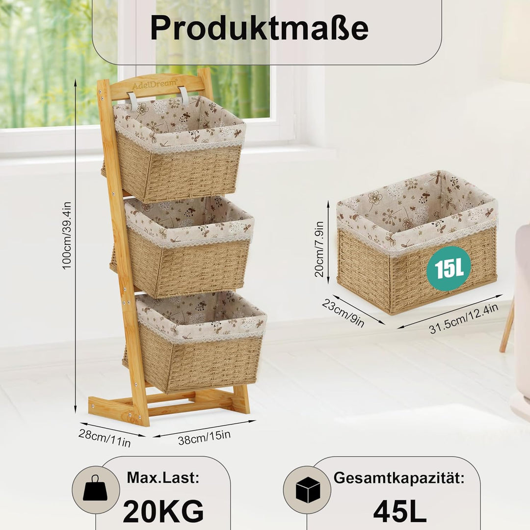 AdelDream Wäschekörbe 3 faltbare Körbe Sortier-Aufbewahrungskorb mit Blumenbeutel Massivholz-Schmutz
