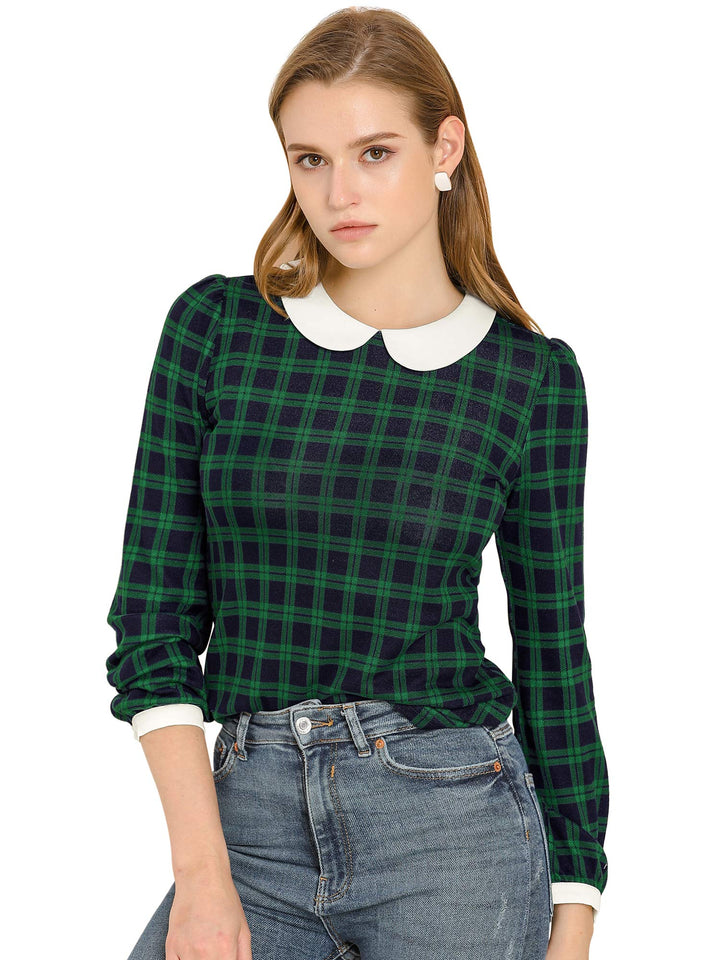 Allegra K Damen Bubikragen Bluse Oberteil Langarm Panel Elegant Kariert Shirt M Grün, M Grün