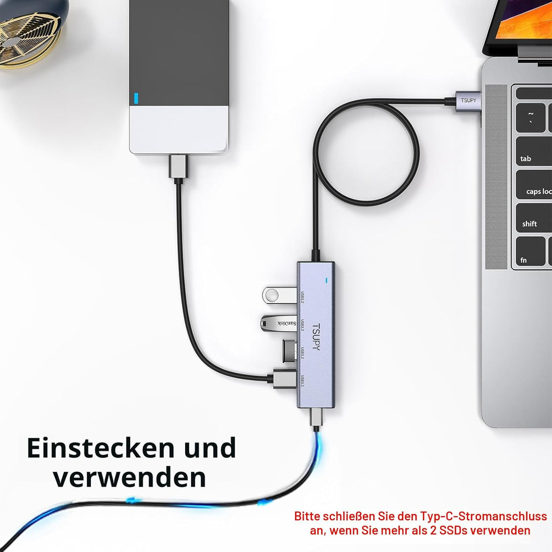 USB Hub 3.2 Gen 2, TSUPY USB Hub 10Gbps, Aluminium USB Verteiler mit 120cm Kabel kompatibel für Lapt