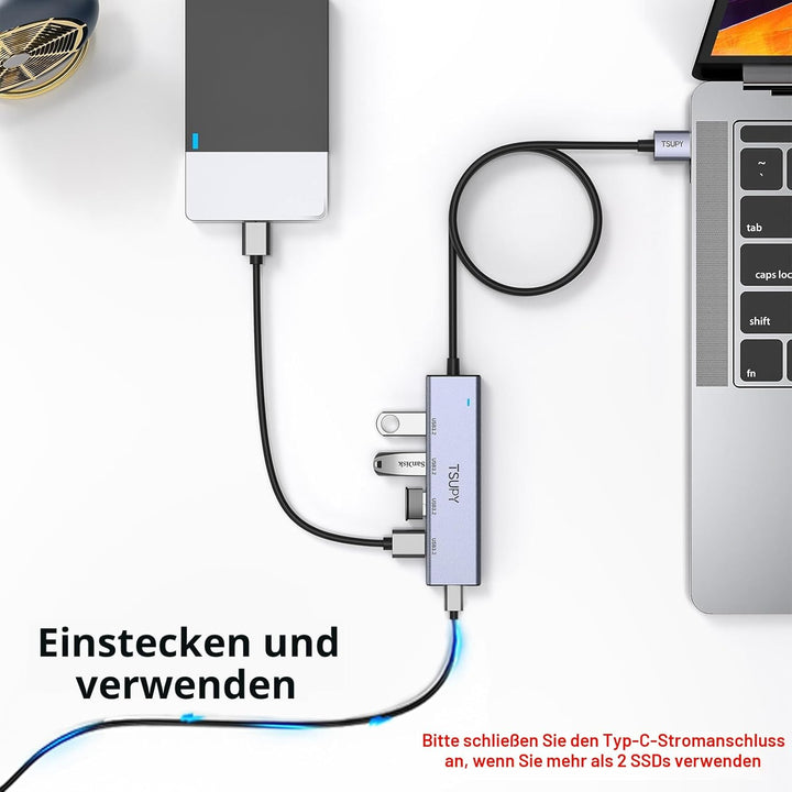 USB Hub 3.2 Gen 2, TSUPY USB Hub 10Gbps, Aluminium USB Verteiler mit 120cm Kabel kompatibel für Lapt