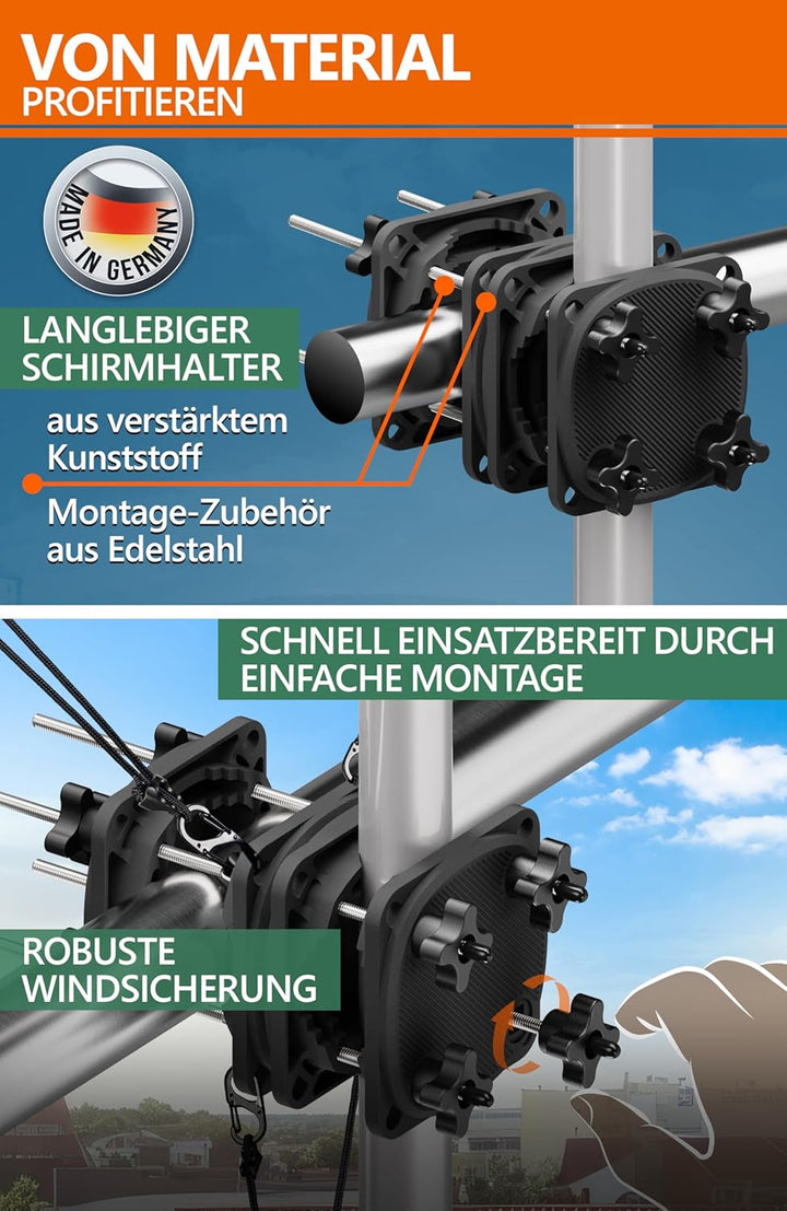 4smile Sonnenschirmhalter Balkongeländer SunnyGuy 2.0 in Schwarz + Windsicherung für Sonnenschirme -