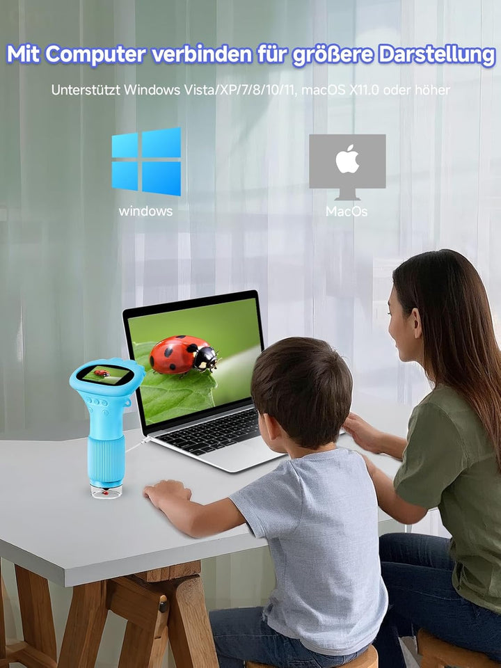 Mikroskop für Kinder, Digitales Taschenmikroskop mit 2,0" IPS-Bildschirm Lupe 200x Vergrösserung, 8